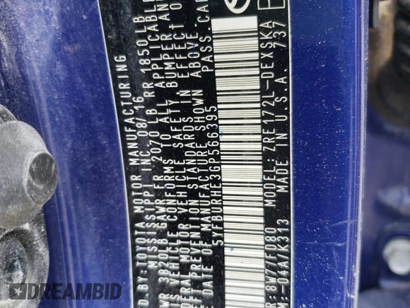2016 Toyota Corolla L with VIN 5YFBURHE3GP566395, listed as a Copart auction lot 59479175 with Not provided miles and Salvage title. Bid and sale history available at DreamBid. Image 12.