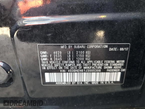 2018 Subaru Legacy Limited with VIN 4S3BNEN61J3005308, listed as a Copart auction lot 52918605 with 67,014 mi miles and Salvage Title. Bid and sale history available at carsss.com. Image 12.
