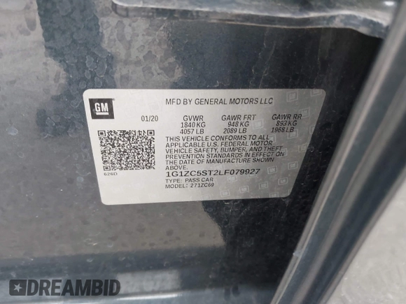 2020 Chevrolet Malibu LS with VIN 1G1ZC5ST2LF079927, listed as a IAAI auction lot 42166337 with 63,024 mi miles and . Bid and sale history available at DreamBid. Image 9.