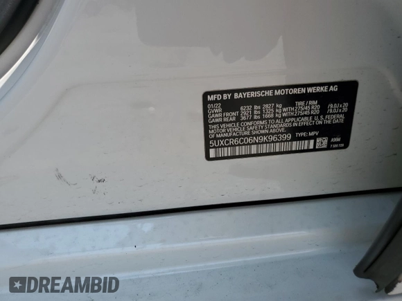 2022 BMW X5 xDrive40i with VIN 5UXCR6C06N9K96399, listed as a Copart auction lot 59893805 with 41,906 mi miles and Salvage title. Bid and sale history available at DreamBid. Image 13.