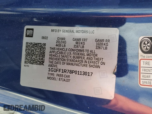 2023 Chevrolet Camaro LT1 with VIN 1G1FF1R78P0113017, listed as a Copart auction lot 55322845 with 32,392 mi miles and Salvage Title. Bid and sale history available at DreamBid. Image 12.