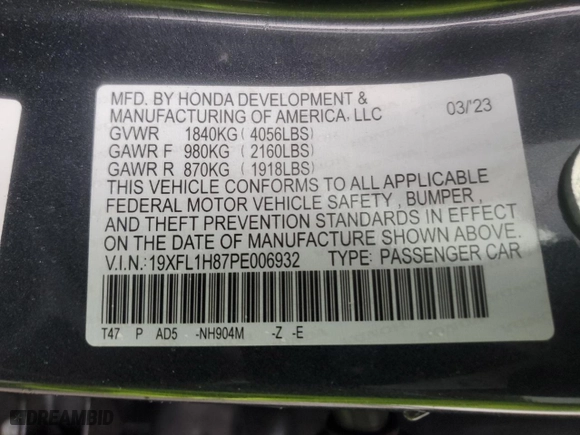 2023 Honda Civic Hatchback Sport Touring with VIN 19XFL1H87PE006932, listed as a Copart auction lot 42944685 with 16,631 mi miles and Salvage Title. Bid and sale history available at carsss.com. Image 14.