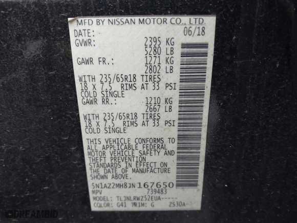 2018 Nissan Murano Platinum with VIN 5N1AZ2MH8JN167650, listed as a IAAI auction lot 41539984 with 74,988 mi miles. Bid and sale history available at carsss.com. Image 9.