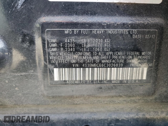 2012 Subaru Legacy Premium with VIN 4S3BMBC66C3026839, listed as a Copart auction lot 49735345 with 133,567 mi miles and Salvage title. Bid and sale history available at DreamBid. Image 14.