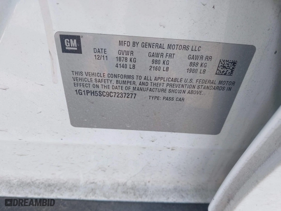 2012 Chevrolet Cruze LTZ with VIN 1G1PH5SC9C7237277, listed as a IAAI auction lot 41688524 with 168,312 mi miles. Bid and sale history available at carsss.com. Image 9.