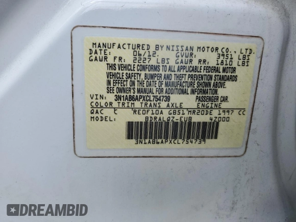 2012 Nissan Sentra 2.0 with VIN 3N1AB6APXCL754739, listed as a Copart auction lot 57409295 with 182,661 mi miles and Salvage title. Bid and sale history available at DreamBid. Image 12.