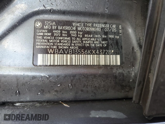 2006 BMW 3 Series 325i z VIN WBAVB13556KX43728, wystawiony jako Copart lot #85220364 z przebiegiem Nie podano mil oraz Nie do naprawy • Non repairable. Historia ofert i sprzedaży dostępna na DreamBid. Obrazek 13.