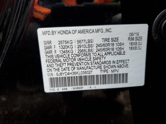 2019 Acura MDX with VIN 5J8YD4H36KL035027, listed as a Copart auction lot 62896552 with 51,875 mi miles. Bid and sale history available at carsss.com. Image 10.