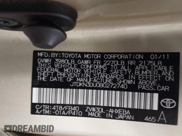 2011 Toyota Prius I with VIN JTDKN3DU0B0272740, listed as a IAAI auction lot 41212915 with 105,587 mi miles and . Bid and sale history available at DreamBid. Image 9.