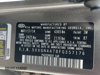 2015 Kia Optima EX with VIN 5XXGN4A78FG357176, listed as a Copart auction lot 52031985 with 99,372 mi miles and Salvage Title. Bid and sale history available at carsss.com. Image 15.