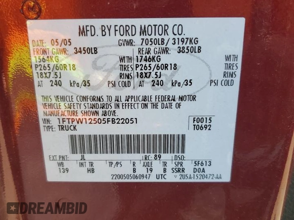 2005 Ford F-150 XLT with VIN 1FTPW12505FB22051, listed as a Copart auction lot 84535874 with 143,574 mi miles and Clean Title. Bid and sale history available at carsss.com. Image 12.