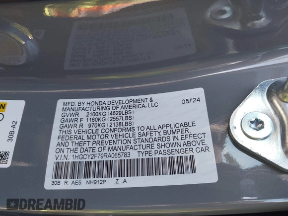 2024 Honda Accord Sport-L with VIN 1HGCY2F79RA065783, listed as a IAAI auction lot 42059481 with 7,390 mi miles and . Bid and sale history available at DreamBid. Image 9.