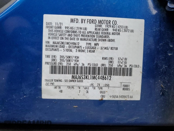 2021 Ford EcoSport Titanium z VIN MAJ6S3KL1MC448612, wystawiony jako Copart lot #45681115 z przebiegiem 45 744 mil mil oraz Szkody całkowita. Historia ofert i sprzedaży dostępna na DreamBid. Obrazek 14.