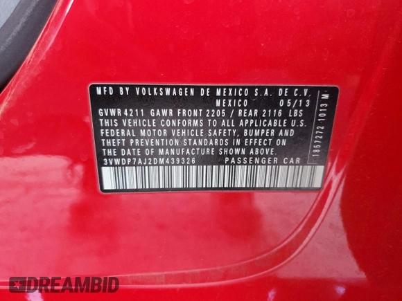 2013 Volkswagen Jetta SE with VIN 3VWDP7AJ2DM439326, listed as a Copart auction lot 62714545 with 100,806 mi miles and Salvage title. Bid and sale history available at DreamBid. Image 13.