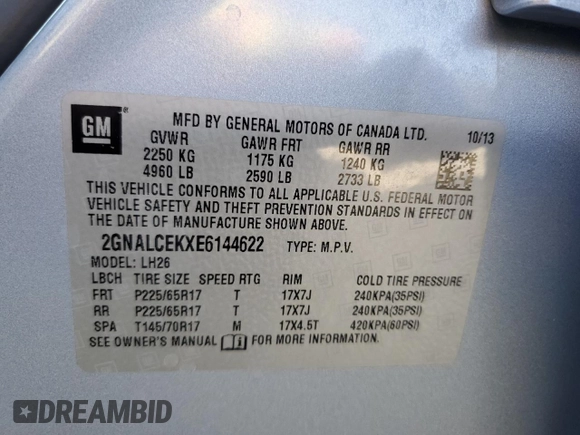 2014 Chevrolet Equinox LT with VIN 2GNALCEKXE6144622, listed as a Copart auction lot 47402645 with 69,046 mi miles and Salvage Title. Bid and sale history available at carsss.com. Image 13.