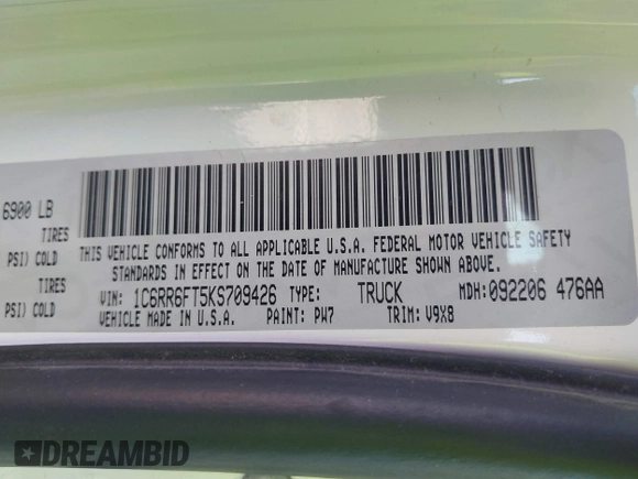 2019 Ram 1500 Tradesman with VIN 1C6RR6FT5KS709426, listed as a IAAI auction lot 42705547 with 101,483 mi miles and . Bid and sale history available at DreamBid. Image 9.