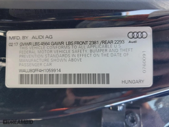 2017 Audi A3 Sedan Premium Plus with VIN WAUJ8GFF4H1059914, listed as a Copart auction lot 49399213 with 83,013 mi miles. Bid and sale history available at carsss.com. Image 12.