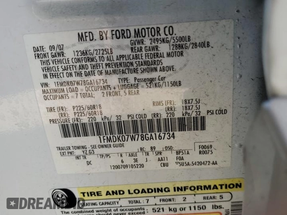 2008 Ford Taurus X Eddie Bauer with VIN 1FMDK07W78GA16734, listed as a Copart auction lot 86011354 with 214,429 mi miles and Salvage title. Bid and sale history available at DreamBid. Image 14.