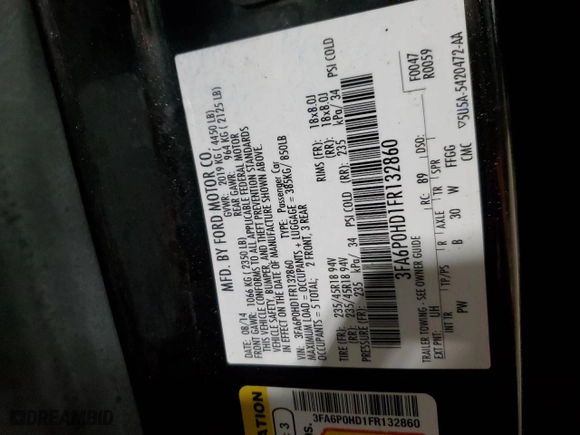 2015 Ford Fusion SE with VIN 3FA6P0HD1FR132860, listed as a Copart auction lot 41437125 with 140,361 mi miles and Salvage Title. Bid and sale history available at carsss.com. Image 13.