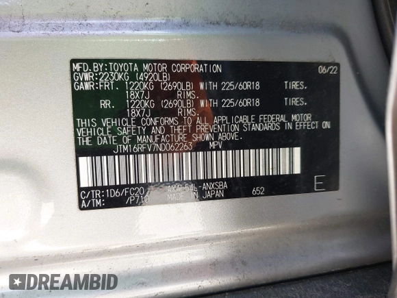 2022 Toyota RAV4 Hybrid SE with VIN JTM16RFV7ND062263, listed as a IAAI auction lot 42068485 with 25,282 mi miles and . Bid and sale history available at DreamBid. Image 9.