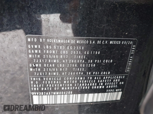 2021 Volkswagen Tiguan SE z VIN 3VV3B7AX7MM004286, wystawiony jako IAAI lot #39864219 z przebiegiem 67 429 mil mil oraz . Historia ofert i sprzedaży dostępna na DreamBid. Obrazek 9.