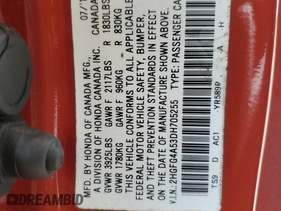 2013 Honda Civic Si with VIN 2HGFG4A53DH705255, listed as a Copart auction lot 55443595 with 107,851 mi miles and Salvage title. Bid and sale history available at DreamBid. Image 13.