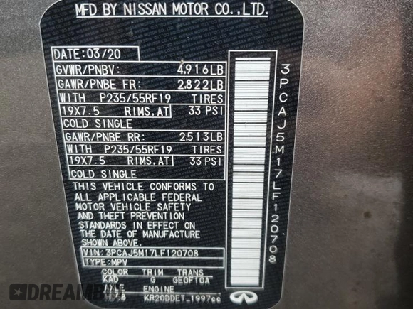 2020 Infiniti QX50 Luxe with VIN 3PCAJ5M17LF120708, listed as a Copart auction lot 57943945 with 53,649 mi miles and Salvage title. Bid and sale history available at DreamBid. Image 12.