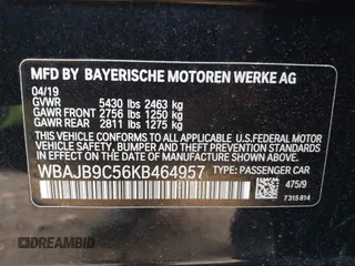 2019 BMW 5 Series M550i xDrive with VIN WBAJB9C56KB464957, listed as a IAAI auction lot 41729334 with Not provided miles and . Bid and sale history available at DreamBid. Image 9.