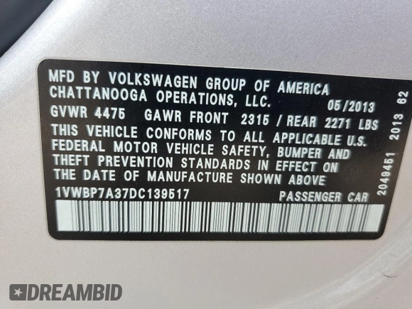 2013 Volkswagen Passat SE w/Sunroof & Nav with VIN 1VWBP7A37DC139517, listed as a Copart auction lot 48500645 with 86,871 mi miles and Salvage Title. Bid and sale history available at carsss.com. Image 12.