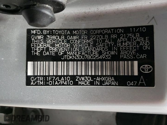 2011 Toyota Prius I with VIN JTDKN3DU7B0254932, listed as a Copart auction lot 55178405 with 293,122 mi miles and Clean Title. Bid and sale history available at DreamBid. Image 13.