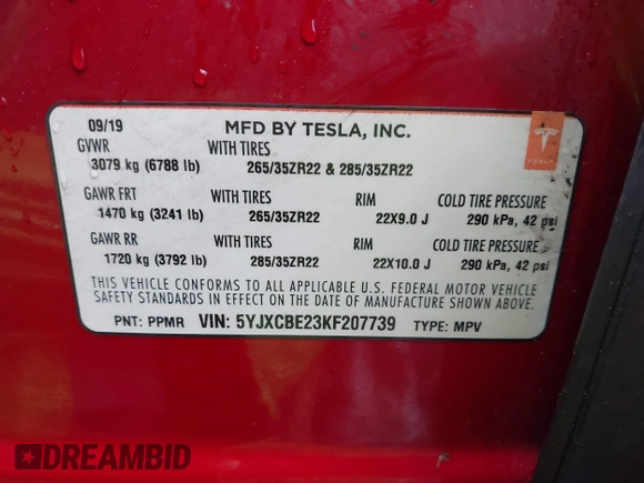 2019 Tesla Model X 75D with VIN 5YJXCBE23KF207739, listed as a IAAI auction lot 41808567 with 191,233 mi miles and . Bid and sale history available at DreamBid. Image 9.