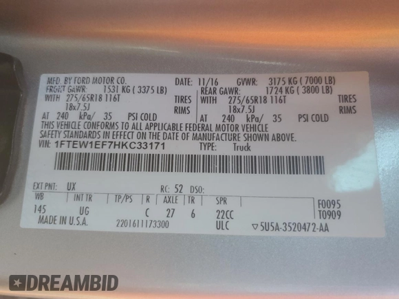 2017 Ford F-150 XL with VIN 1FTEW1EF7HKC33171, listed as a Copart auction lot 43648375 with 173,690 mi miles and Salvage Title. Bid and sale history available at carsss.com. Image 12.