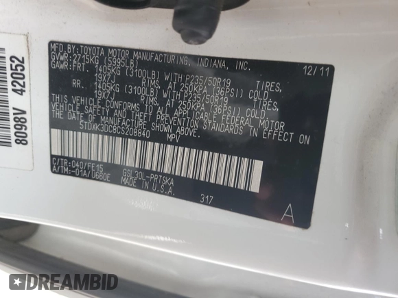2012 Toyota Sienna SE with VIN 5TDXK3DC8CS208840, listed as a Copart auction lot 89005565 with 181,235 mi miles and Clean Title. Bid and sale history available at carsss.com. Image 13.