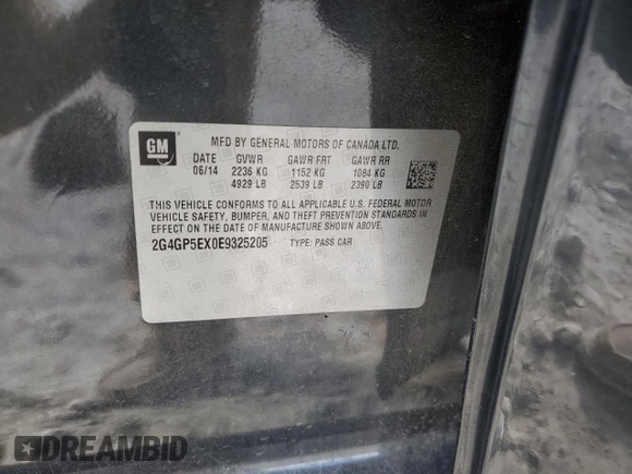 2014 Buick Regal Premium I with VIN 2G4GP5EX0E9325205, listed as a Copart auction lot 89346975 with 119,677 mi miles and Salvage Title. Bid and sale history available at DreamBid. Image 12.