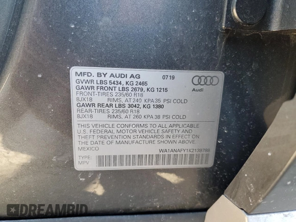 2019 Audi Q5 Premium with VIN WA1ANAFY1K2139788, listed as a Copart auction lot 48243325 with 40,475 mi miles and Salvage Title. Bid and sale history available at carsss.com. Image 14.