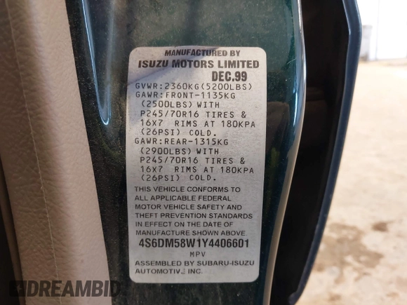 2000 Honda Passport LX z VIN 4S6DM58W1Y4406601, wystawiony jako IAAI lot #41632864 z przebiegiem 195 791 mil mil oraz . Historia ofert i sprzedaży dostępna na DreamBid. Obrazek 9.
