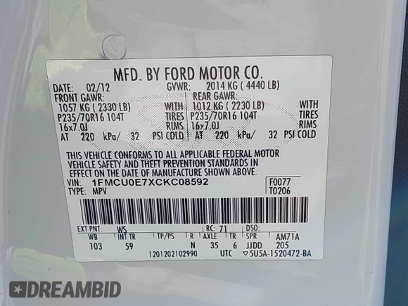 2012 Ford Escape Limited with VIN 1FMCU0E7XCKC08592, listed as a IAAI auction lot 42111191 with 105,318 mi miles. Bid and sale history available at carsss.com. Image 9.