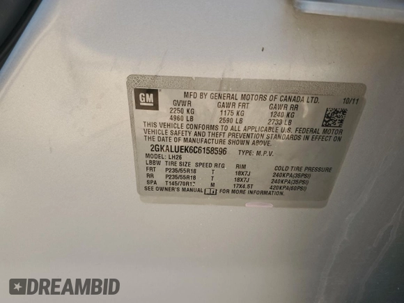 2012 GMC Terrain SLT-1 with VIN 2GKALUEK6C6158596, listed as a Copart auction lot 53753415 with 147,866 mi miles and Clean title. Bid and sale history available at DreamBid. Image 13.