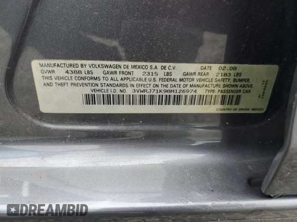 2008 Volkswagen Jetta Wolfsburg Edition with VIN 3VWRJ71K98M126974, listed as a Copart auction lot 58475155 with 115,038 mi miles and Salvage title. Bid and sale history available at DreamBid. Image 13.