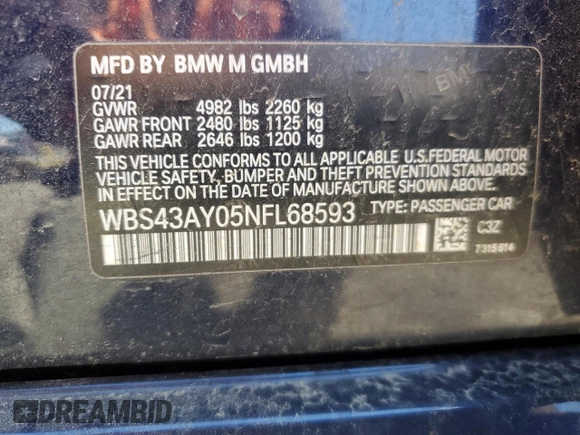 2022 BMW M3 Competition xDrive with VIN WBS43AY05NFL68593, listed as a Copart auction lot 53489645 with 44,039 mi miles and Salvage title. Bid and sale history available at DreamBid. Image 13.