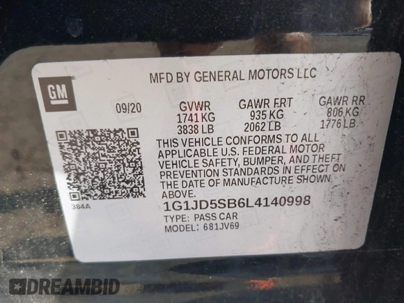2020 Chevrolet Sonic LT z VIN 1G1JD5SB6L4140998, wystawiony jako IAAI lot #42085225 z przebiegiem 33 196 mil mil oraz . Historia ofert i sprzedaży dostępna na DreamBid. Obrazek 9.