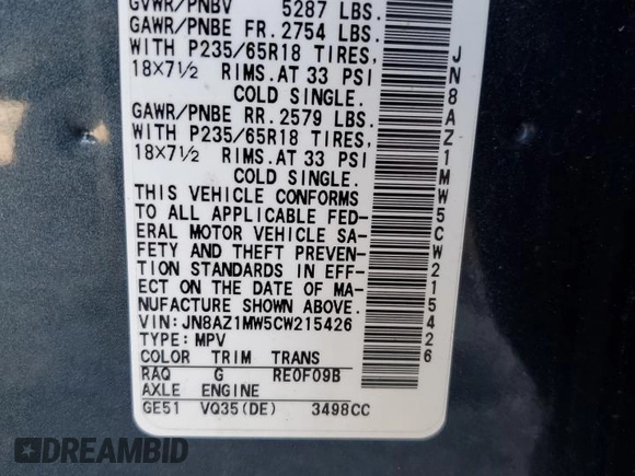 2012 Nissan Murano S with VIN JN8AZ1MW5CW215426, listed as a Copart auction lot 71304894 with 123,177 mi miles and Non Repairable. Bid and sale history available at DreamBid. Image 13.