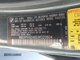 2005 BMW X3 3.0i with VIN WBXPA93465WD22604, listed as a IAAI auction lot 41995211 with 202,176 mi miles. Bid and sale history available at carsss.com. Image 9.