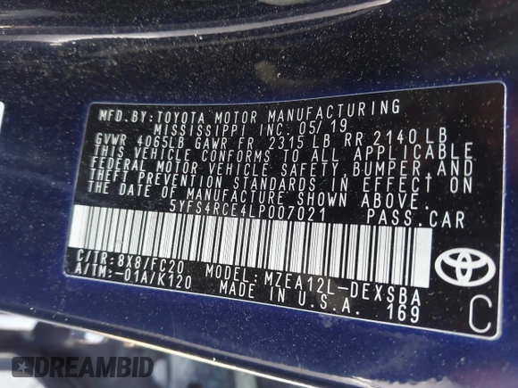 2020 Toyota Corolla SE with VIN 5YFS4RCE4LP007021, listed as a IAAI auction lot 41924714 with 173,237 mi miles and . Bid and sale history available at DreamBid. Image 9.