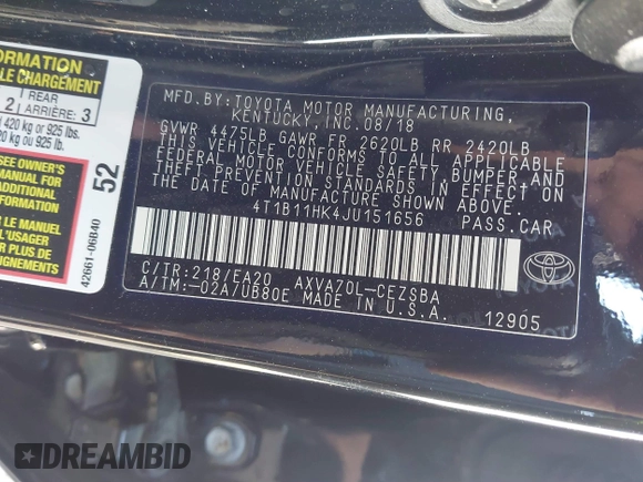 2018 Toyota Camry LE z VIN 4T1B11HK4JU151656, wystawiony jako IAAI lot #41524694 z przebiegiem 52 581 mil mil oraz . Historia ofert i sprzedaży dostępna na DreamBid. Obrazek 9.