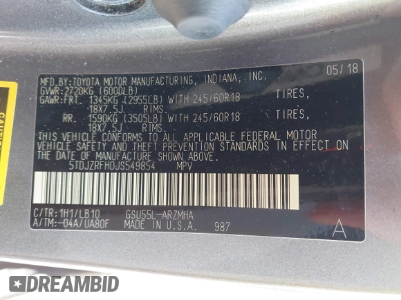 2018 Toyota Highlander SE z VIN 5TDJZRFH0JS549854, wystawiony jako IAAI lot #41771573 z przebiegiem 101 553 mil mil oraz . Historia ofert i sprzedaży dostępna na DreamBid. Obrazek 9.