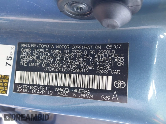 2010 Toyota Prius II with VIN JTDKN3DU5A0138384, listed as a IAAI auction lot 42169607 with 280,733 mi miles and . Bid and sale history available at DreamBid. Image 9.