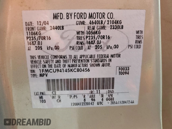 2005 Ford Escape Limited with VIN 1FMCU94145KC80456, listed as a Copart auction lot 59661175 with 197,575 mi miles and Clean title. Bid and sale history available at DreamBid. Image 13.