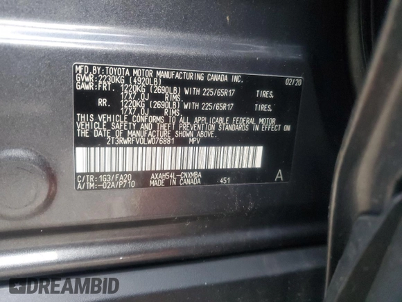 2020 Toyota RAV4 Hybrid XLE with VIN 2T3RWRFV0LW076881, listed as a Copart auction lot 45596675 with 212,397 mi miles and Salvage title. Bid and sale history available at DreamBid. Image 16.