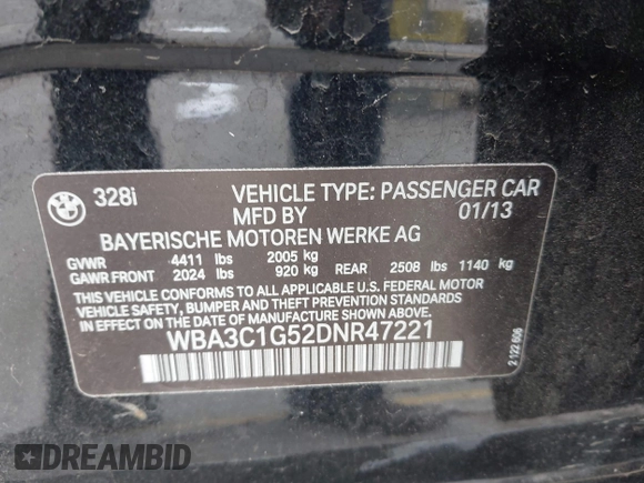 2013 BMW 3 Series 328i z VIN WBA3C1G52DNR47221, wystawiony jako IAAI lot #42818436 z przebiegiem 131 021 mil mil oraz . Historia ofert i sprzedaży dostępna na DreamBid. Obrazek 9.